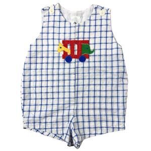 Vintage Baby Boy Romper 18M Blue White Plaid Seersucker Toy Appliqué Shortall